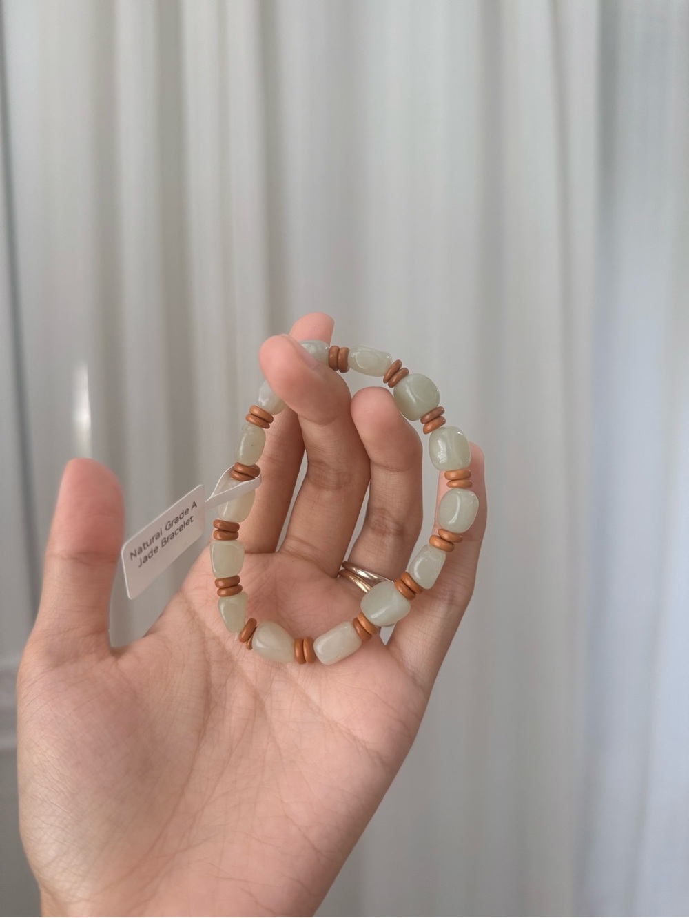 Natural Green Jade Beaded Stretch Bracelet with Wood Accents 6.75”